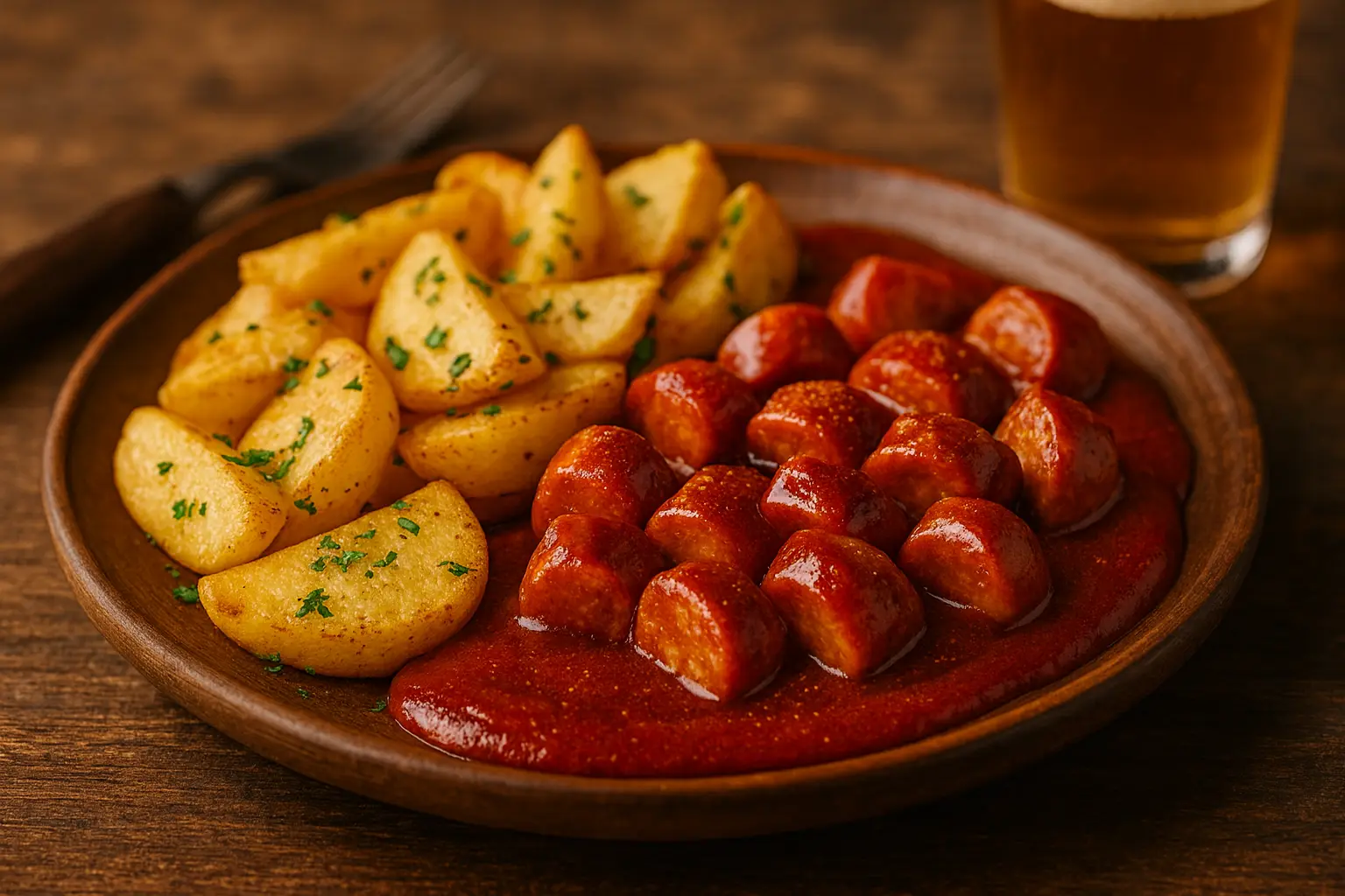 Rustikal gedeckter Tisch mit einer Currywurst in würziger Sauce in der Mitte, umgeben von zehn klassischen Beilagen wie Kartoffelsalat, Wedges, Süßkartoffelpommes, Krautsalat, Bratkartoffeln und Knoblauchkartoffeln. Stimmungsvolles Licht, warme Farben und gemütliche Atmosphäre. Beste Beilage zu Currywurst. 10 Beilagen zur besten Currywurst.