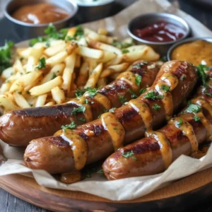 Gegrillte Currywurst mit Currysauce, goldbraunen Pommes und Dips auf Holzbrett, mit Kräutern garniert – Currywurst in der Welt.