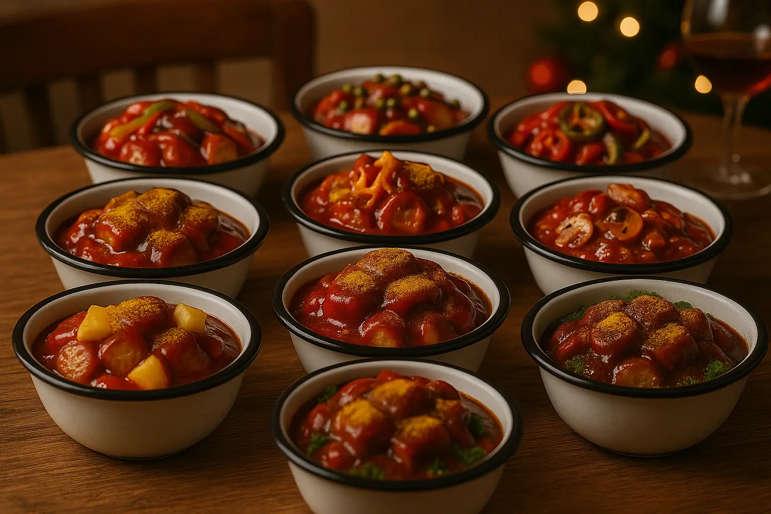 Zehn kleine Emaille-Schalen mit verschiedenen Klein´s Currywurst Varianten stehen einladend auf einem warm gedeckten Holztisch.