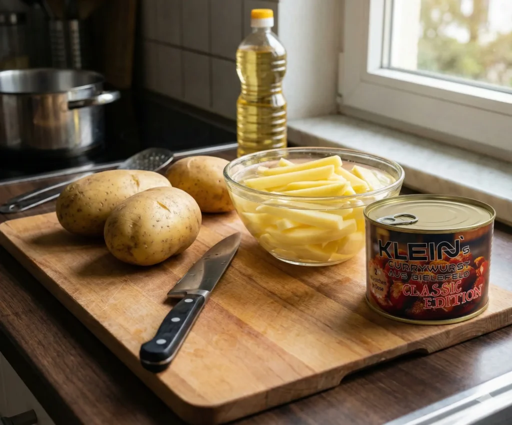 Vorbereitung in der Küche für Currywurst mit selbstgemachten Pommes: Rohe Kartoffeln, Schale mit gewässerten Kartoffelstiften und eine ungeöffnete Dose Klein's Currywurst auf einem Holzbrett.
