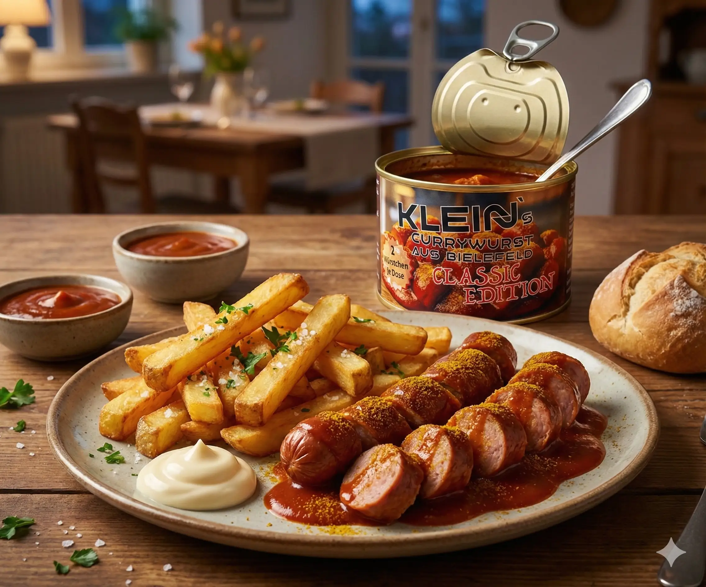 Servierfertige Currywurst mit Pommes auf einem Keramikteller, zubereitet mit der originalen Klein's Currywurst aus der geöffneten Classic Edition Dose im Hintergrund.