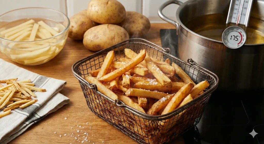 Goldbraune, doppelt frittierte Pommes Frites im Drahtkorb, frisch gesalzen, neben einem Topf mit heißem Frittieröl und Thermometer bei 175 Grad.