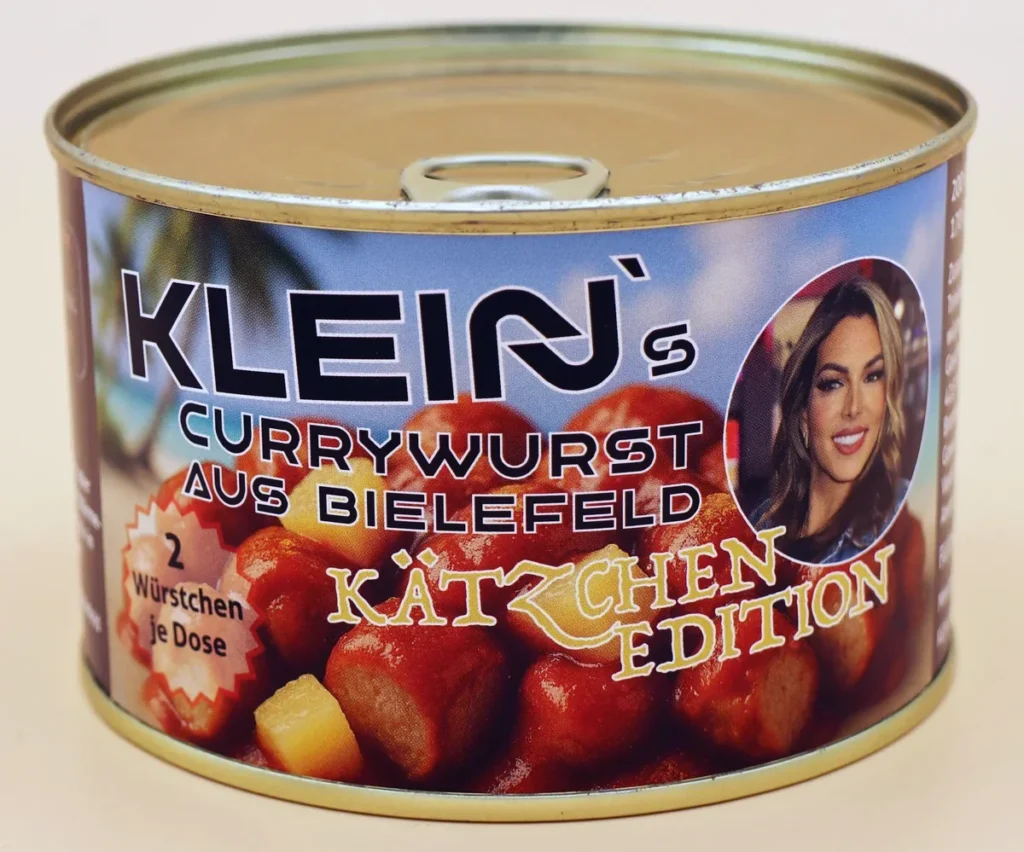 Dose der Klein’s Currywurst Kätchen Edition – handgemachte Currywurst mit fruchtiger Ananasnote, hergestellt in Bielefeld, mit abgebildeter Markenbotschafterin auf dem Etikett.