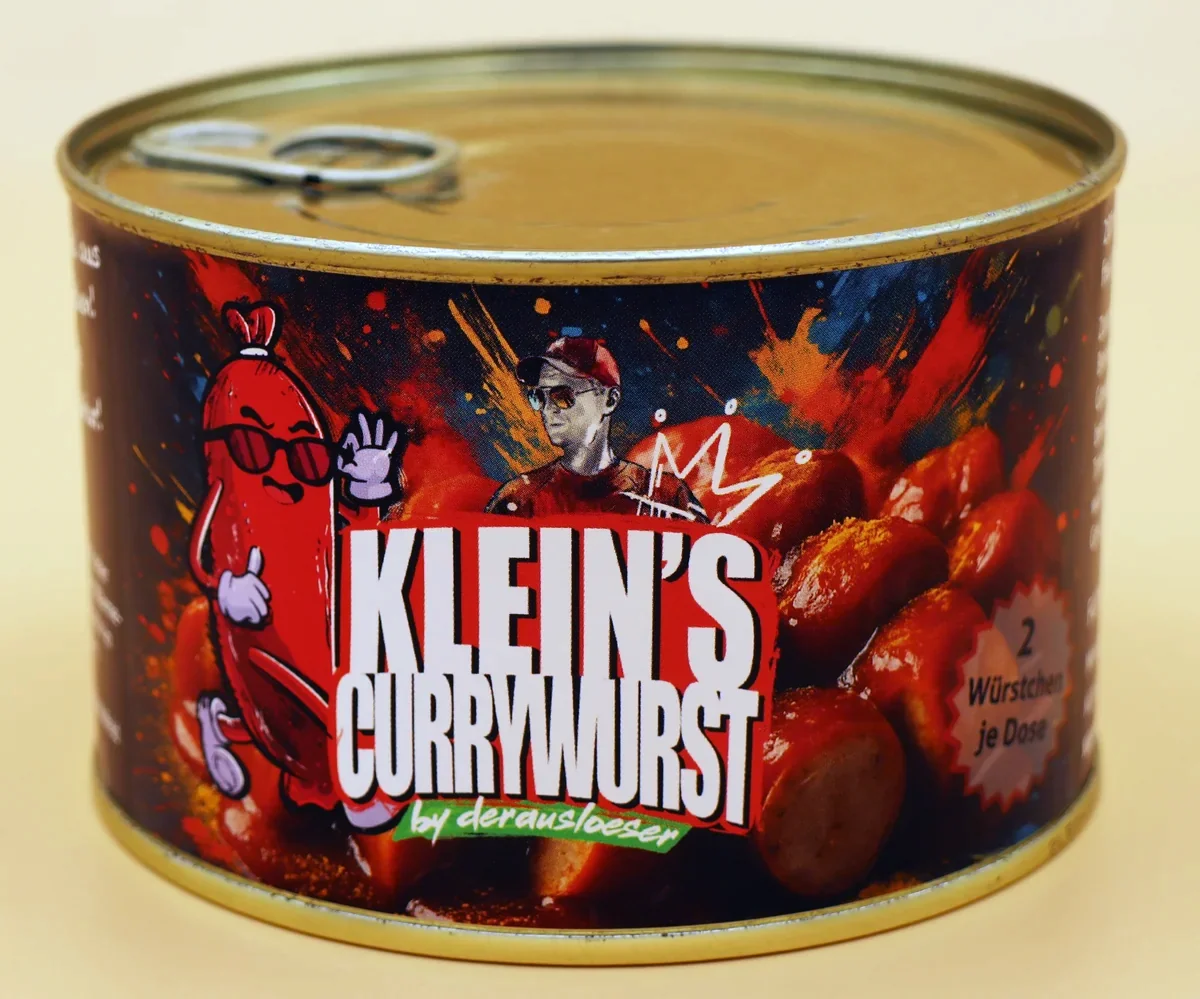 Dose der Klein’s Currywurst Sonderedition by derausloeser – handgemachte Currywurst in würziger Sauce, gestaltet mit auffälligem Streetart-Design und zwei originalen Bratwürstchen je Dose.