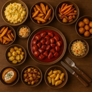 Überkopfaufnahme eines gedeckten Tisches mit einer Currywurst in würziger Sauce im Zentrum, umgeben von zehn verschiedenen Beilagen: Kartoffelsalat, Wedges, Süßkartoffelpommes, Bratkartoffeln, Krautsalat, Röstitaler, Twister-Kartoffeln, frisches Brot, Knoblauchkartoffeln und einer Ofenkartoffel mit Sour Cream. Rustikales Ambiente, warme Farben, gemütlich arrangiert. Beste Beilage zur Currywurst.