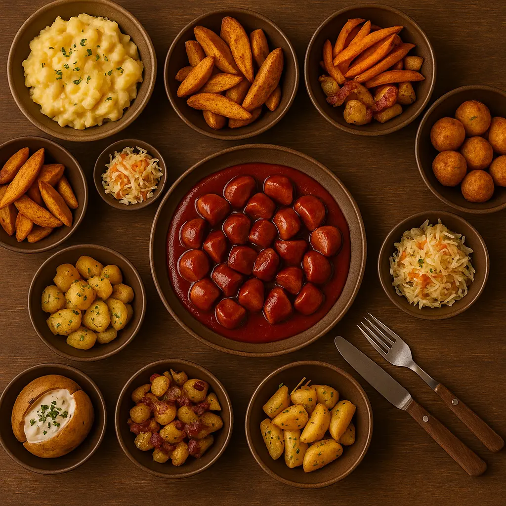 Überkopfaufnahme eines gedeckten Tisches mit einer Currywurst in würziger Sauce im Zentrum, umgeben von zehn verschiedenen Beilagen: Kartoffelsalat, Wedges, Süßkartoffelpommes, Bratkartoffeln, Krautsalat, Röstitaler, Twister-Kartoffeln, frisches Brot, Knoblauchkartoffeln und einer Ofenkartoffel mit Sour Cream. Rustikales Ambiente, warme Farben, gemütlich arrangiert. Beste Beilage zur Currywurst.