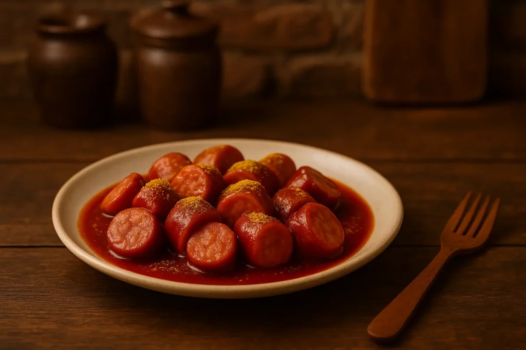 Currywurst mit intensiver Sauce und Currypulver – ein hochwertiges Motiv für Beste Currywurst.