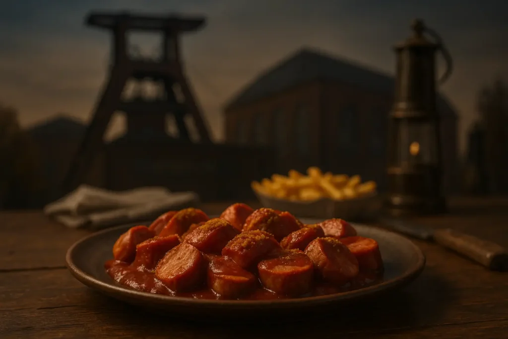 Currywurst angerichtet auf Holzplatte mit regionalem Flair – ideal für das Keyword Bochumer Currywurst.