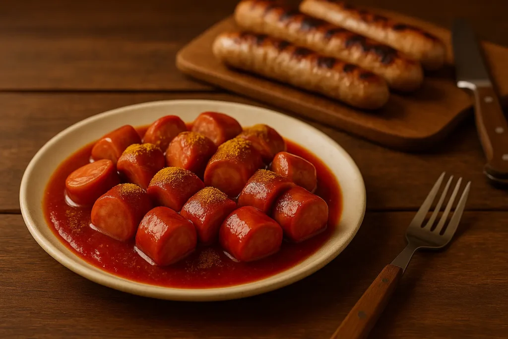 Currywurst mit typischem Schnitt, rustikale Optik – perfekt für Bratwurst für Currywurst.
