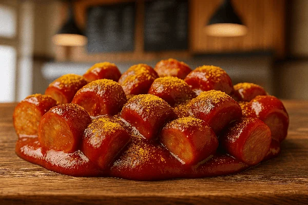 Klassische Currywurst mit reichhaltiger Currysauce und goldgelbem Currypulver auf rustikalem Holztisch – Klein’s Currywurst Classic Edition, traditioneller Geschmack wie vom Imbiss.