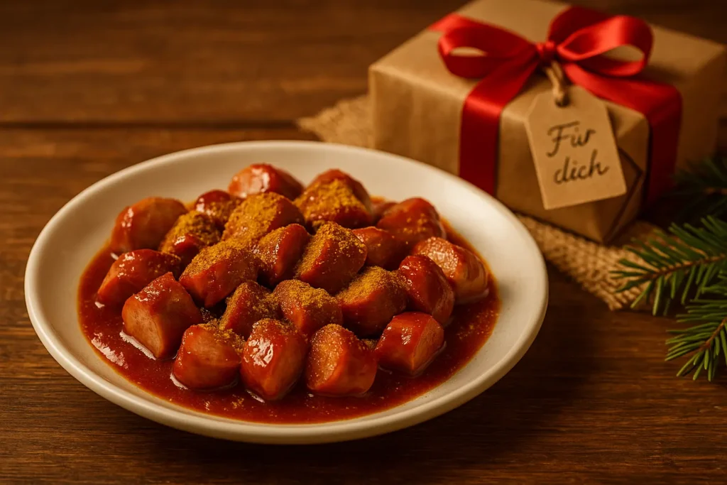 Currywurst serviert auf rustikalem Teller, daneben eine festlich verpackte Geschenkidee mit rotem Band und Tannenzweig. Currywurst Geschenkidee!