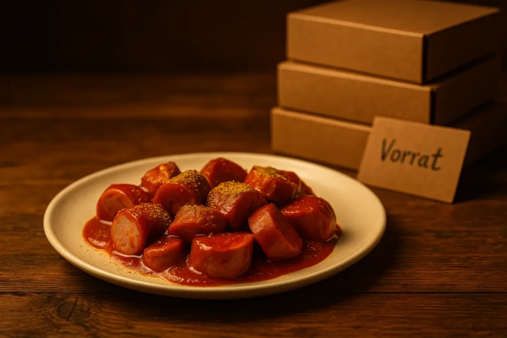 Currywurst mit Vorratskarton im Hintergrund – Keyword Currywurst Vorrat visuell umgesetzt.