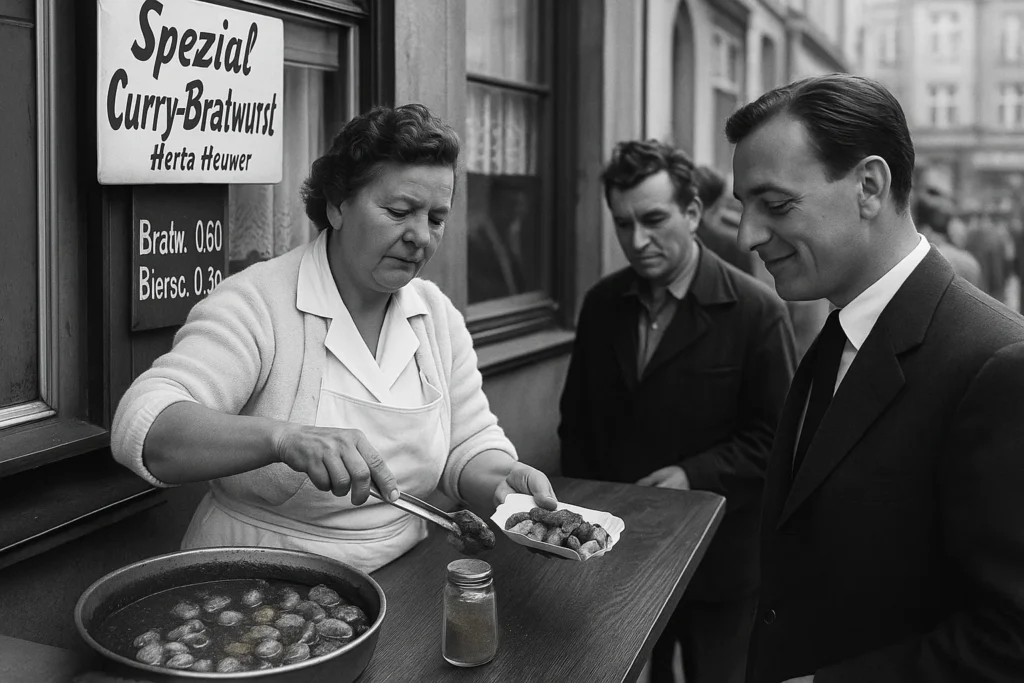 Historische Aufnahme einer Imbissverkäuferin, die in den 1950er-Jahren in Berlin Currywurst serviert – ein Symbol für die Erfindung und den Ursprung des beliebtesten Streetfoods Deutschlands. Die Erfindung Currywurst.