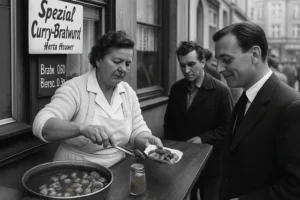 Historische Aufnahme einer Imbissverkäuferin, die in den 1950er-Jahren in Berlin Currywurst serviert – ein Symbol für die Erfindung und den Ursprung des beliebtesten Streetfoods Deutschlands. Die Erfindung Currywurst.