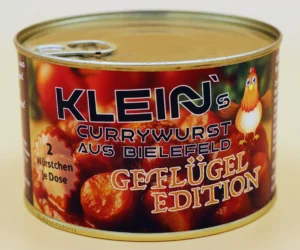 Dose der Klein’s Currywurst Geflügel Edition – handgemachte Currywurst aus hochwertigem Geflügelfleisch mit fruchtig-würziger Sauce, hergestellt in der Bielefelder Manufaktur.