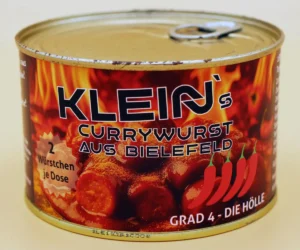 Dose der Klein’s Currywurst Grad 4 – Die Hölle: extra scharfe Currywurst aus Bielefeld mit feuriger Sauce und intensiver Würze für alle, die es richtig heiß mögen.