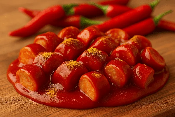 Currywurst in würziger Sauce mit frischem Currypulver und roten Chilischoten im Hintergrund – Klein’s Currywurst Grad 1 „Scharf“, der klassische Einstieg in die Welt der feurigen Wurst.