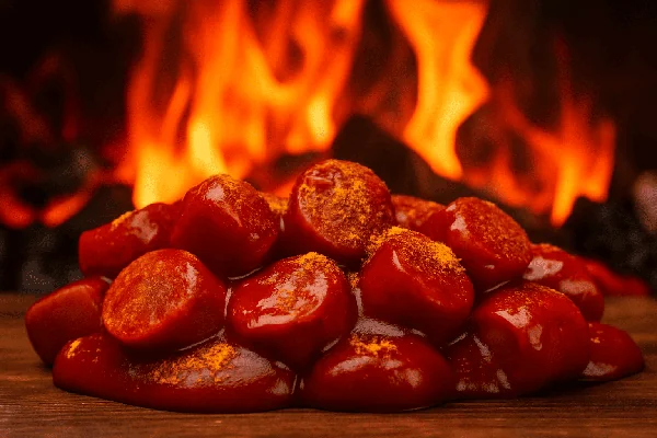 Currywurst mit kräftig roter, würziger Sauce vor lodernen Flammen – Klein’s Currywurst Grad 3 „Extrem scharf“, die feurige Spezialität für Schärfe-Liebhaber.