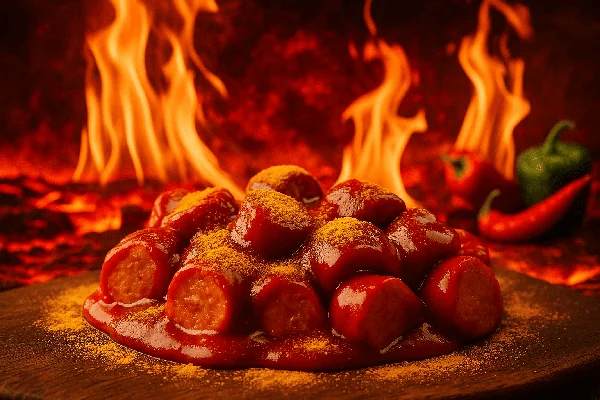 Currywurst mit extra scharfer Sauce, umgeben von lodernden Flammen und Chilis im Hintergrund – Klein’s Currywurst Grad 4 „Die Hölle“, für alle, die es feurig lieben.