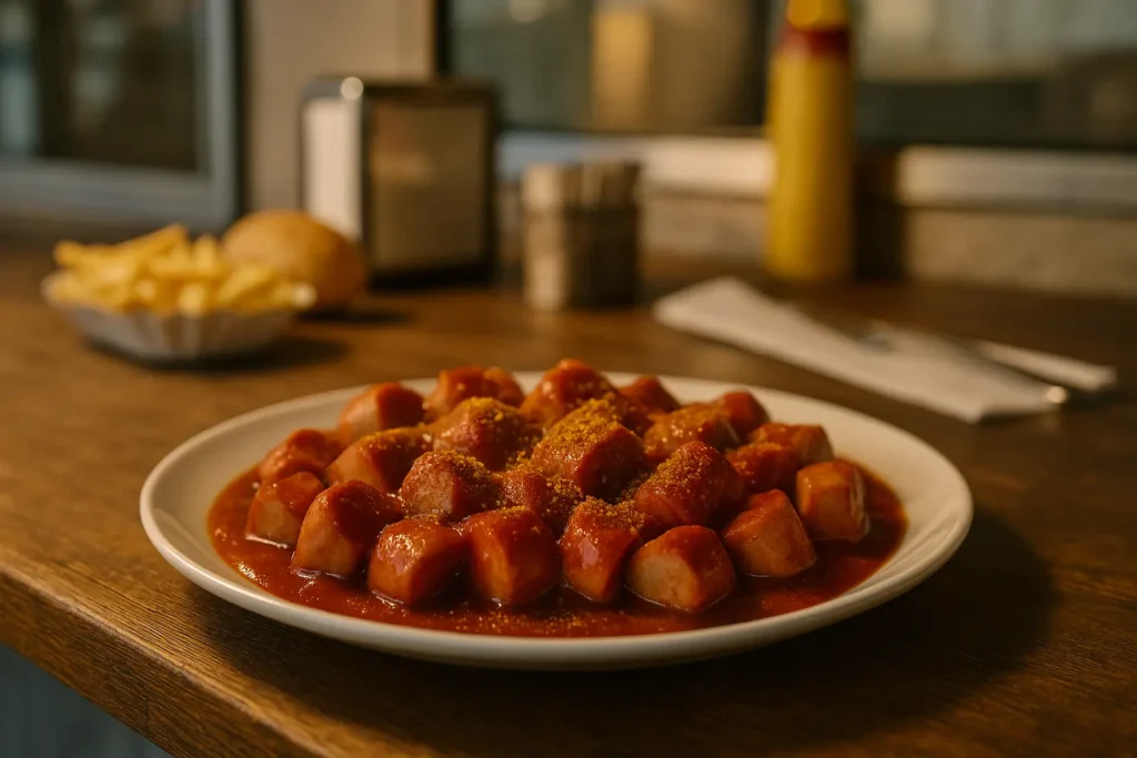 Currywurst auf rustikalem Teller, Hintergrund mit typischen Imbiss-Details – SEO-Bild für Imbiss Currywurst.