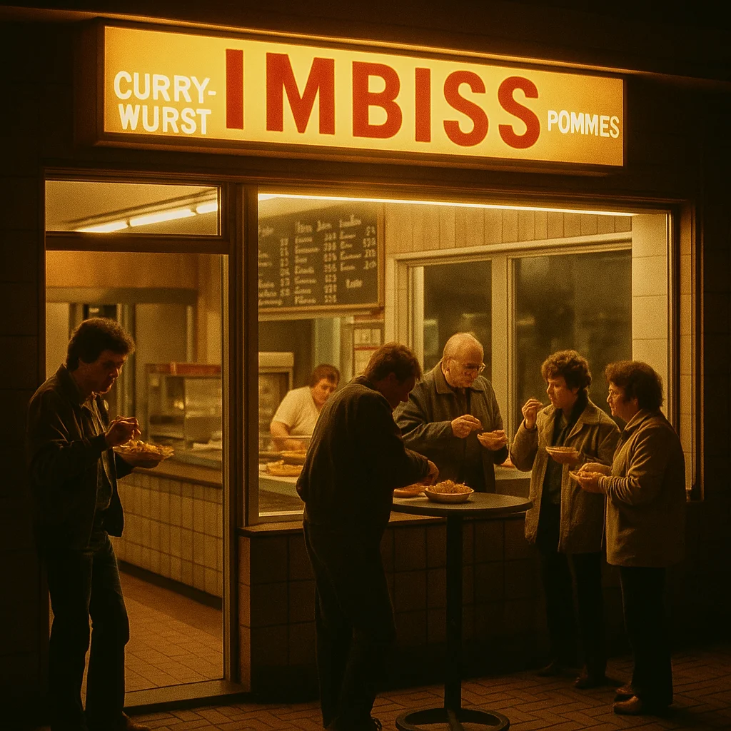 Abendliche Szene an einem typischen Imbiss im Ruhrgebiet der 1980er-Jahre, wo Gäste Currywurst mit Pommes genießen – ein nostalgischer Blick auf die deutsche Streetfood-Kultur.
