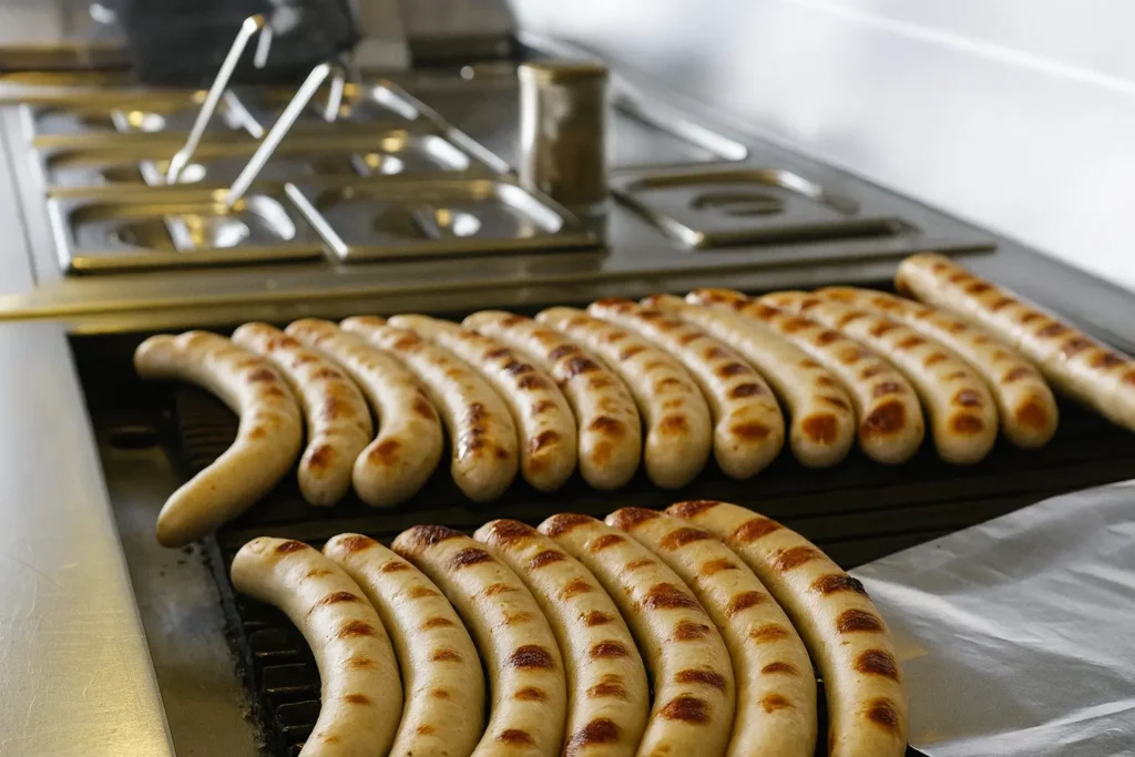 Frisch gegrillte Bratwürste auf dem Lavasteingrill im Imbiss von Klein’s Currywurst in Bielefeld – handgemacht, saftig und bereit für die hausgemachte Currysauce.