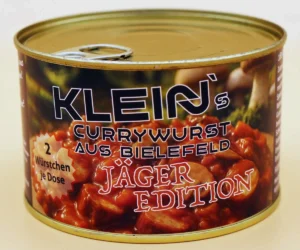Dose der Klein’s Currywurst Jäger Edition – herzhafte Currywurst aus Bielefeld mit würziger Pilz-Jägersauce, handgemacht in traditioneller Manufakturqualität.