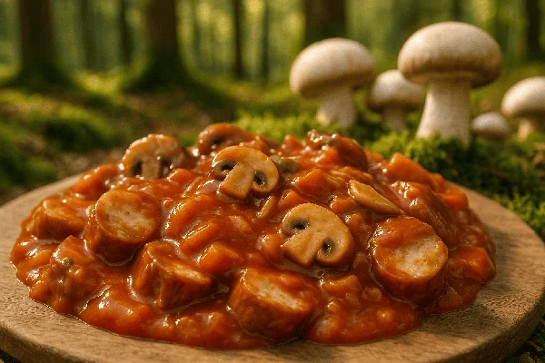 Currywurst mit würziger Champignonsauce und frischen Pilzstücken, angerichtet auf einem Holzbrett im Wald – Klein’s Currywurst Jäger Edition, herzhaft und rustikal.