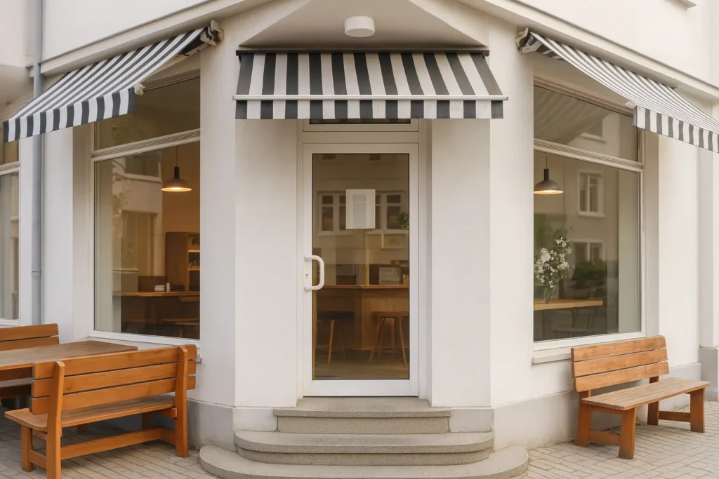 Außenansicht des Imbisslokals von Klein’s Currywurst in Bielefeld mit Holzbänken und klassischer Markise – einladender Ort für handgemachte Currywurst und echten Geschmack.