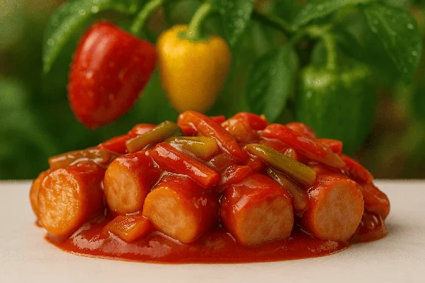 Currywurst in fruchtiger Paprikasauce mit roten, grünen und gelben Paprikastreifen, angerichtet vor frischen Paprikaschoten – Klein’s Currywurst Paprika Edition, mild und aromatisch. Paprikacurrywurst und Ziegeunerwurst!