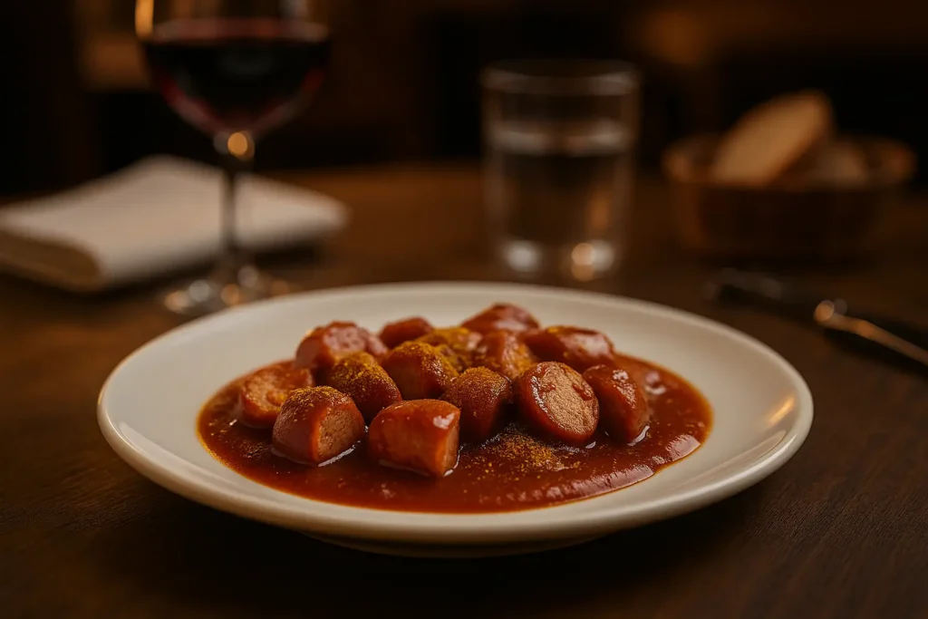 Edle Darstellung von Currywurst in gastronomischer Szene – passendes Motiv für Restaurant Currywurst.