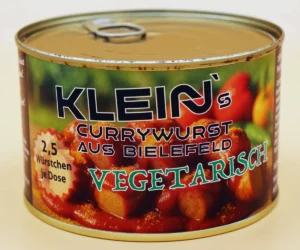 Dose der Klein’s Currywurst Vegetarisch – fleischfreie Variante der beliebten Bielefelder Currywurst, handgemacht mit würziger Sauce und authentischem Geschmack.