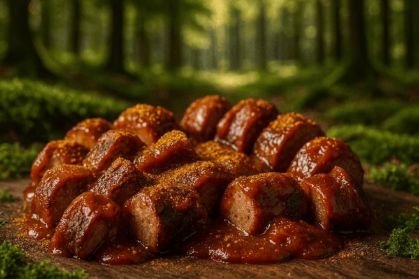 Rustikal angerichtete Wild-Currywurst mit kräftiger Sauce und Currypulver, serviert auf Holz im Waldambiente – herzhafter Genuss der Klein’s Currywurst Wildwurst Edition.