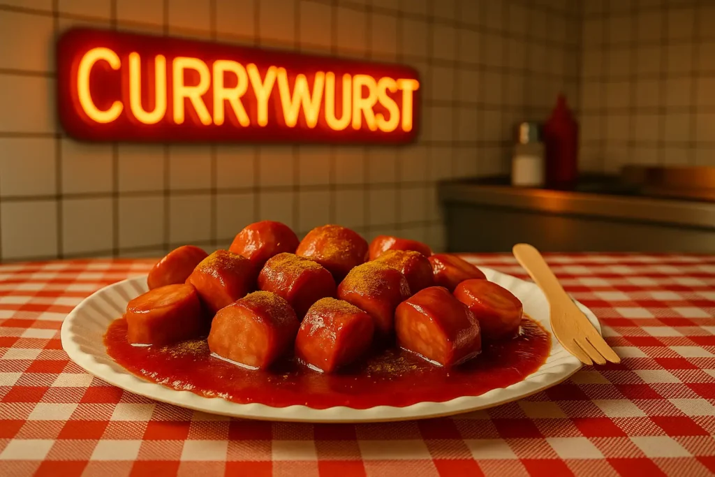 Berliner Currywurst – fotorealistische Klein’s Currywurst auf kariertem Imbisstisch mit Sauce und Currypulver, im Hintergrund leuchtendes Neonschild „Currywurst“, klassische Berliner Imbiss-Atmosphäre im warmen Licht.