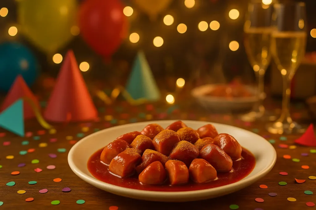 Klein’s Currywurst – currywurst für party; Teller im Querformat, warme Lichtstimmung, vorne Currywurst in roter Sauce mit Currypulver, hinten unscharf Konfetti, Partyhüte, Luftballons und Sektgläser.