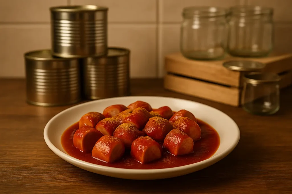 Klein’s Currywurst – currywurst in glas; Teller im Querformat, warmes Licht, Hintergrund mit leeren Glasbehältern und Konservendosen als neutrale Deko.