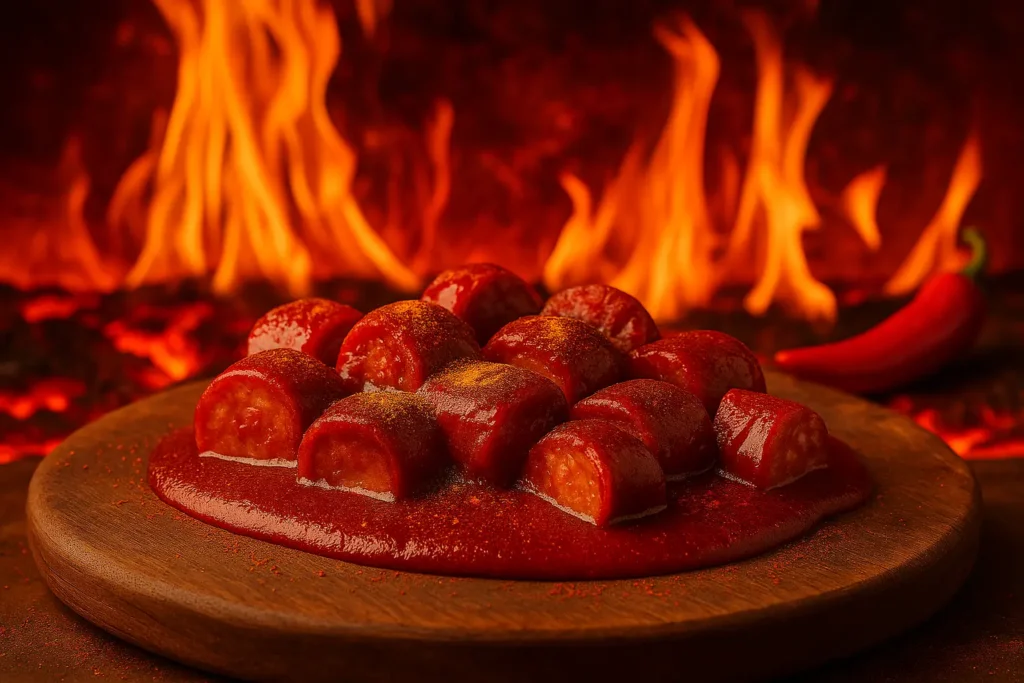 Currywurst vor brennendem Hintergrund – Symbolbild für die Schärfe-Challenge mit den vier Schärfegraden von Klein’s Currywurst. Die Currywurst Schärfechallenge