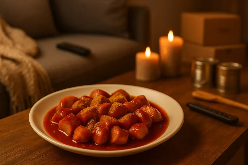 Klein’s Currywurst – currywurst zuhause; Teller im Querformat, warmes Licht, Hintergrund mit Sofa, Kerzen, Decke, Fernbedienung und Konservendosen – gemütliche Wohnzimmerszene.