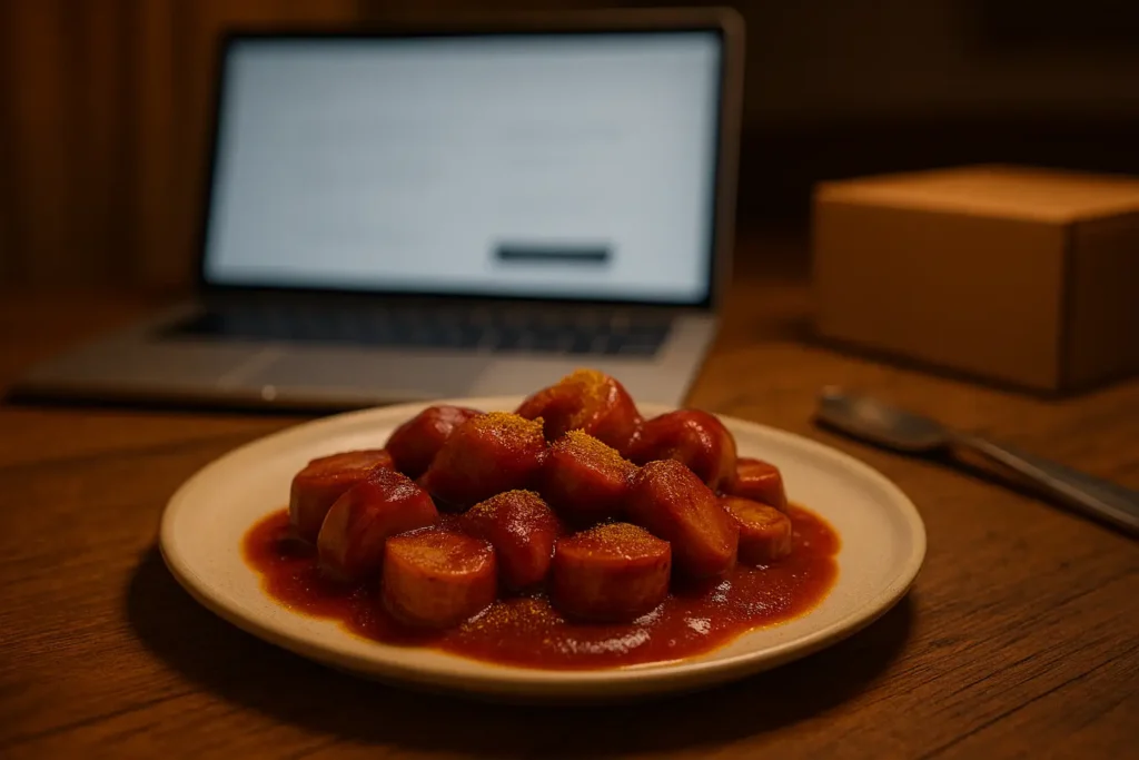 Fertiggericht Currywurst – fotorealistische Darstellung einer frisch zubereiteten Klein’s Currywurst mit Sauce und Currypulver auf Teller, im Hintergrund ein Karton und Holzlöffel, warme Lichtstimmung und handgemachter Charakter.