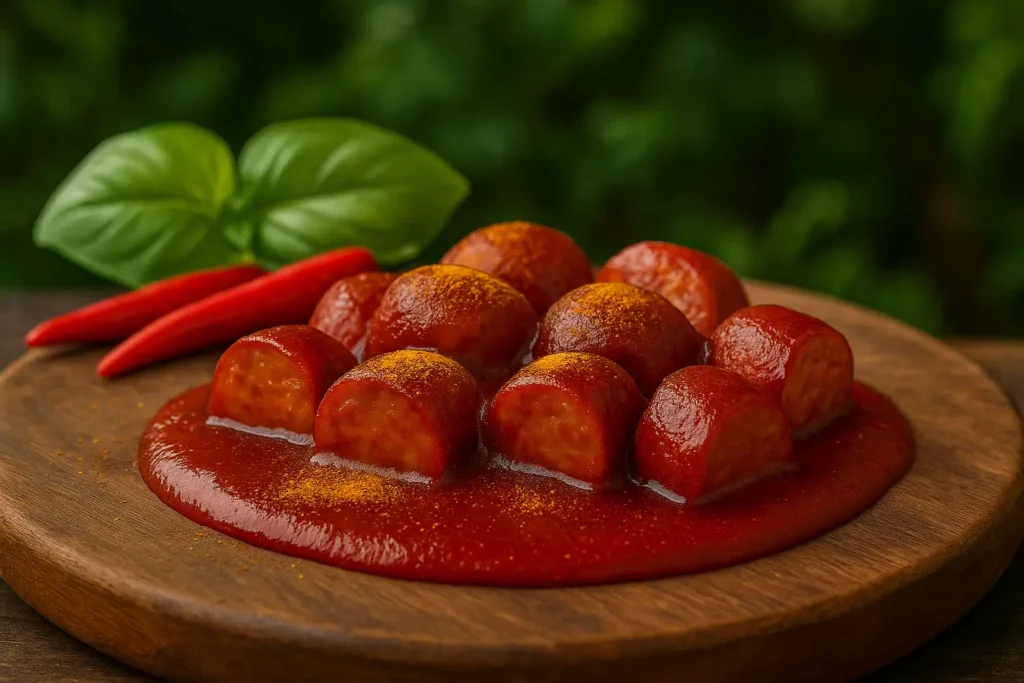 Currywurst mit frischen Chili-Schoten und Basilikumblättern – Symbolbild für scharfes Essen und natürliche Würze. Scharf essen gesund!