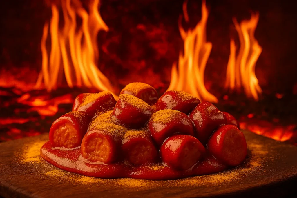 Currywurst mit leuchtend rotem scharfen Currypulver auf rustikalem Holztisch – würzige Szene für Klein’s Currywurst. Scharfes currypulver!