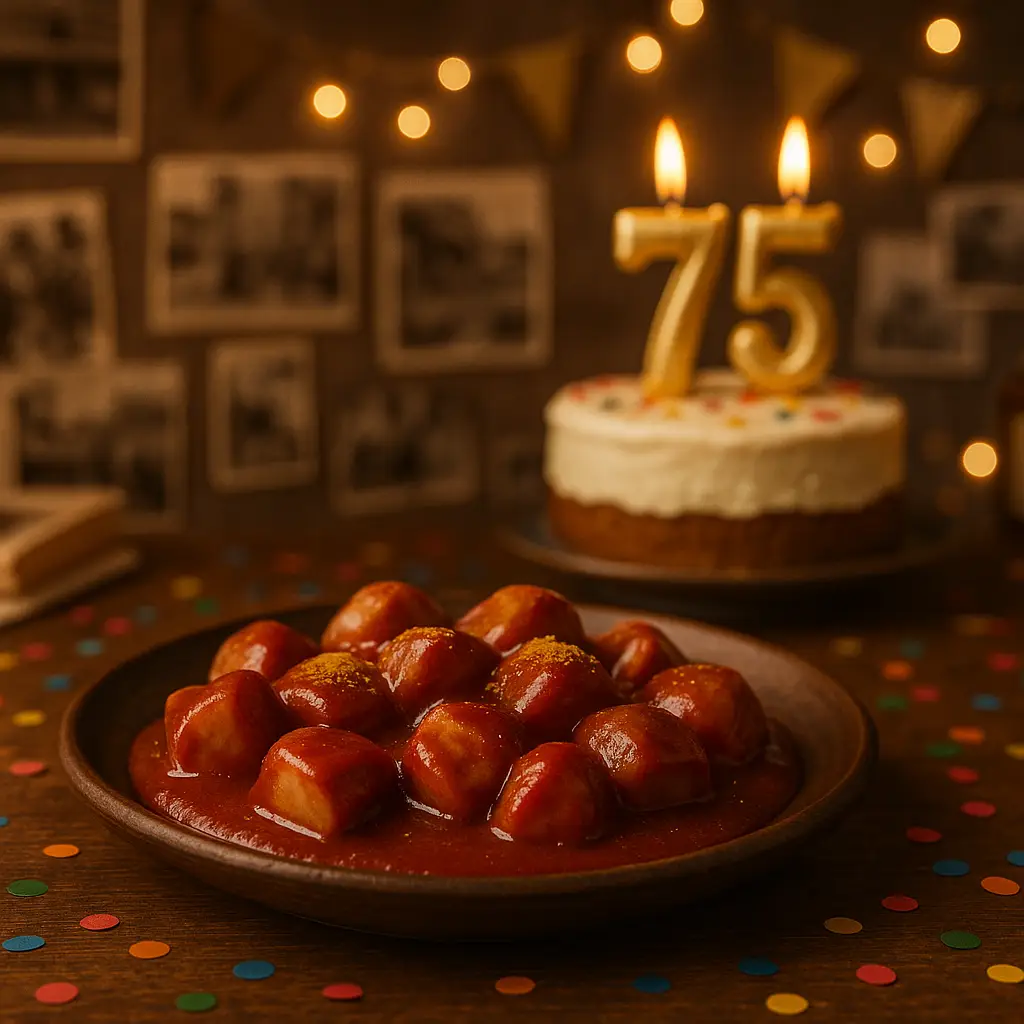 Fotorealistisches Querformat mit 75 jahre currywurst: chaotisch geschnittene, unterschiedlich große Currywurst-Stücke auf dunklem Holzteller, satt in rotbrauner Currysauce glasiert und leicht mit Curry bestäubt; im weich unscharfen Hintergrund festliche Jubiläums-Szene mit Geburtstagskuchen samt brennenden „75“-Kerzen, goldener Girlande, warmen Lichterketten und alten Schwarzweiß-Fotos – rustikaler Holztisch mit verstreutem Konfetti