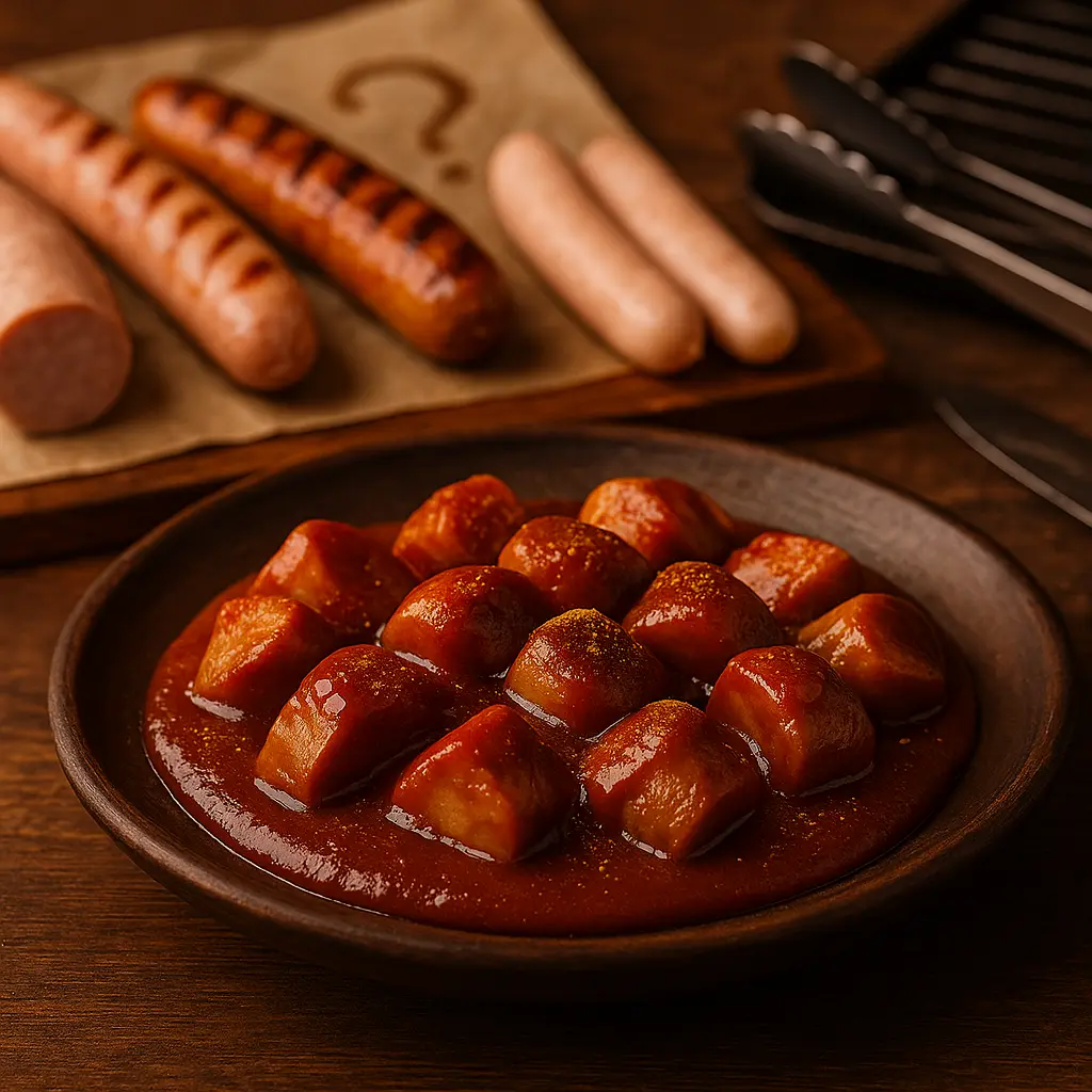 Fotorealistisches Querformat mit Currywurst welche Wurst: chaotisch geschnittene, unterschiedlich große Currywurst-Stücke auf dunklem Holzteller, satt in rotbrauner Currysauce mit Currypulver; im weich unscharfen Hintergrund liegen auf einem Holzbrett verschiedene Wursttypen (feine Brühwurst ohne Darm, grobe Bratwurst mit Grillstreifen, Geflügel-Variante) neben Grillzange und Rost – warme Lichtstimmung auf rustikalem Holztisch