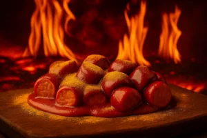 Currywurst mit scharfer Sauce und Currypulver auf Holzbrett, vor lodernden Flammen – Symbolbild für extreme Schärfe und feurigen Geschmack. Die Schärfe Chellenge!