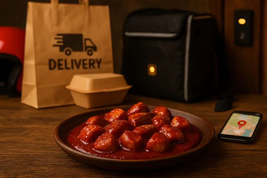 Fotorealistisches Querformat mit currywurst liefern lassen: chaotisch geschnittene, unterschiedlich große Currywurst-Stücke auf dunklem Holzteller, satt in rotbrauner Currysauce glasiert; im weich unscharfen Hintergrund Liefer-Szene mit brauner Papiertüte, Mehrweg-Takeawaybox, schwarzer Isolier-Lieferbag und Smartphone mit Karten-Tracking neben beleuchteter Klingel – warme Lichtstimmung auf rustikalem Holztisch