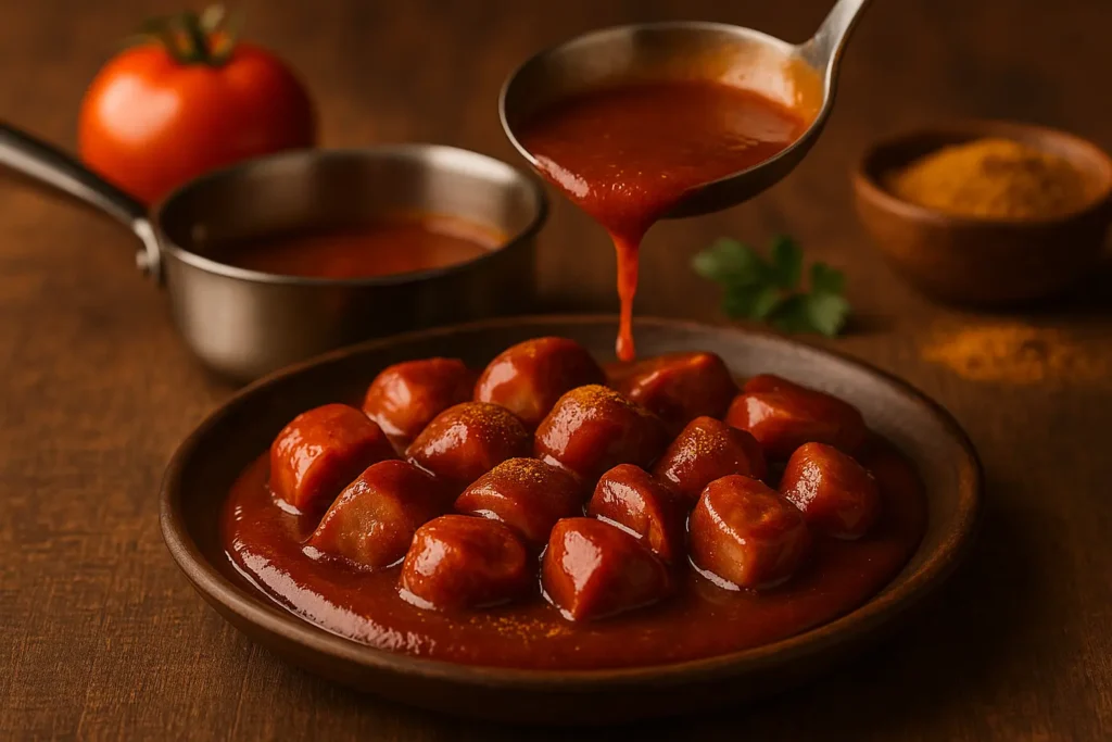 Fotorealistisches Querformat mit currywurst mit sauce: chaotisch geschnittene, unterschiedlich große Stücke auf rustikalem Holzteller, dick glasiert in rotbrauner Currysauce und leicht bestäubt mit Curry; im weich unscharfen Hintergrund eine Sauteuse mit Kelle, aus der frische Sauce tropft, daneben Tomate und Gewürzschälchen, warme Lichtstimmung auf Holztisch.