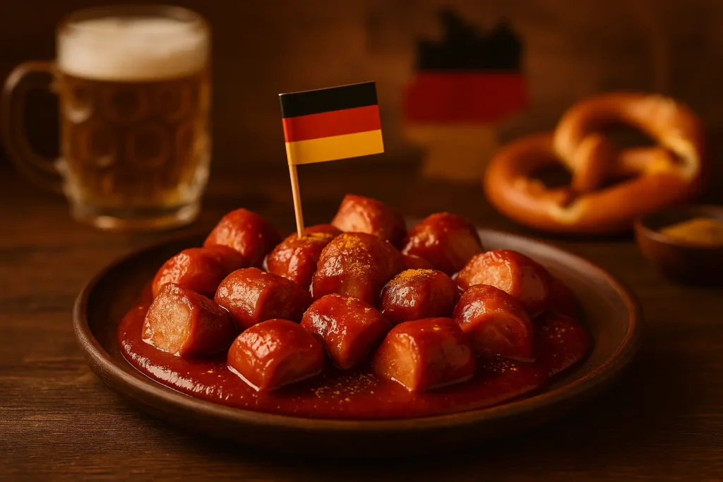 Fotorealistisches Querformat mit german currywurst: chaotisch geschnittene, unterschiedlich große Wurststücke auf dunklem Holzteller, dick glasiert in rotbrauner Curryketchup-Sauce und leicht mit Currypulver bestäubt; im weich unscharfen Hintergrund ein Maßkrug mit Bier, eine Brezel und die Deutschlandfarben (kleine Fahne im Teller), warme Lichtstimmung auf rustikalem Holztisch