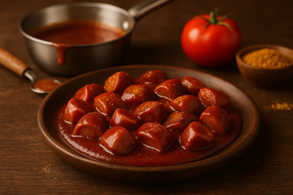 Fotorealistisches Querformat mit sauce für currywurst: chaotisch geschnittene, unterschiedlich große Currywurst-Stücke auf rustikalem Holzteller, dick umhüllt von tiefrotbrauner Currysauce und leicht bestäubt mit Curry; im weich unscharfen Hintergrund Sauteuse mit frisch geköchelter Sauce, daneben Tomate und kleines Gewürzschälchen – warme Lichtstimmung auf Holztisch,
