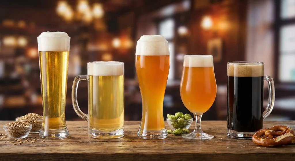 Fünf verschiedene Biersorten in passenden Gläsern nebeneinander auf einer Holztheke: Pils, Helles Lager, Weizenbier, Pale Ale und ein dunkles Schwarzbier, die als Begleitung zur Currywurst vorgestellt werden.