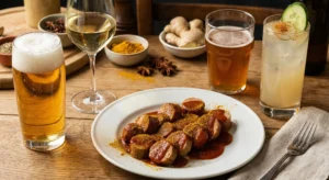 Ein Teller mit aufgeschnittener Currywurst und Sauce auf einem rustikalen Holztisch, umgeben von verschiedenen passenden Getränken: ein Glas Pils, ein Glas Weißwein, ein Craft Beer und ein Cocktail mit Gurkengarnitur.